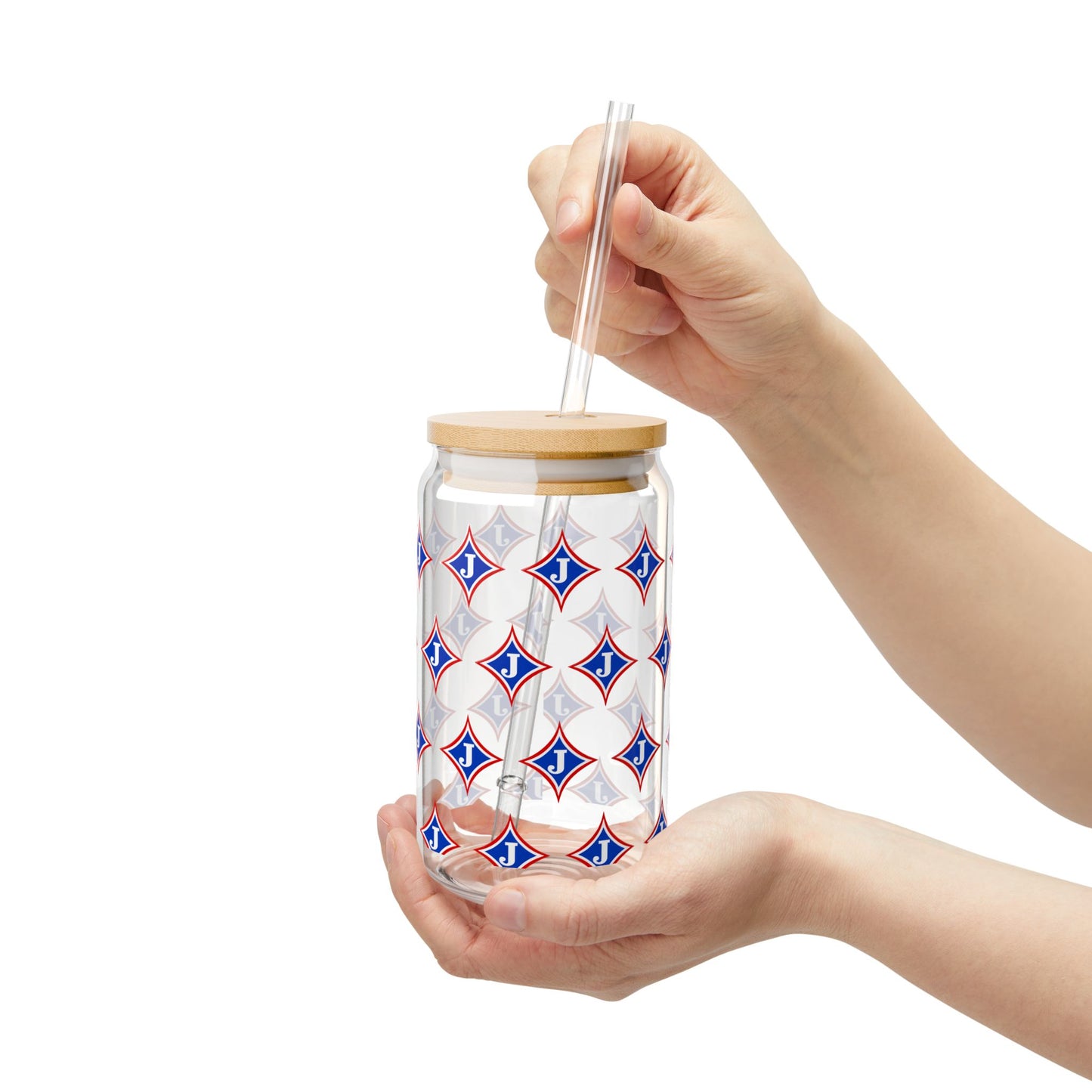 Jefferson J Diamond Sipper Glass — 16oz Reusable Tumbler with Bamboo Lid
