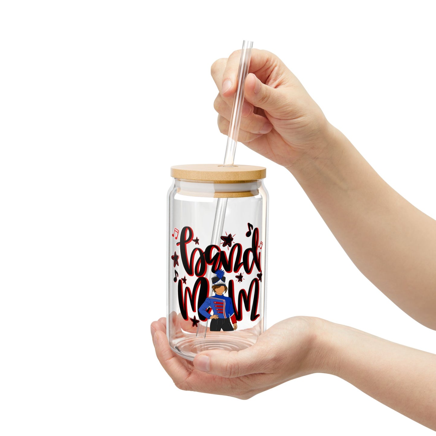Band Mom Red Girl Sipper Glass — 16oz Reusable Tumbler with Bamboo Lid