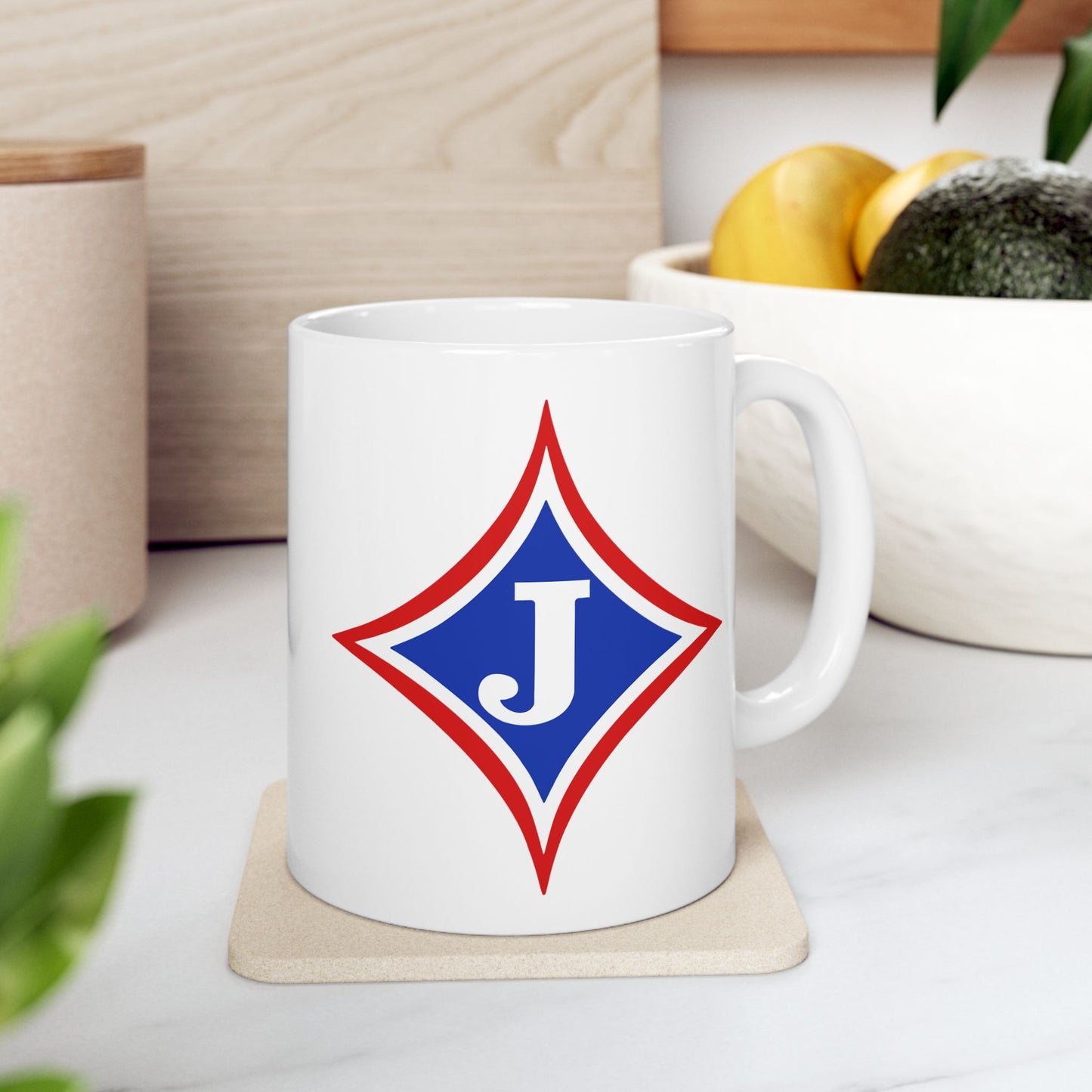 Jefferson J Diamond Ceramic Mug — 11oz & 15oz Coffee Cup