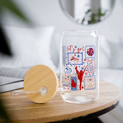 Cheer Icon Grid Sipper Glass — 16oz Reusable Tumbler with Bamboo Lid