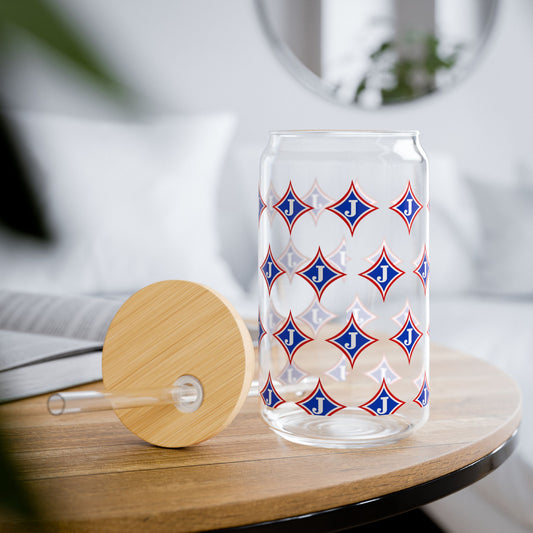 Jefferson J Diamond Sipper Glass — 16oz Reusable Tumbler with Bamboo Lid