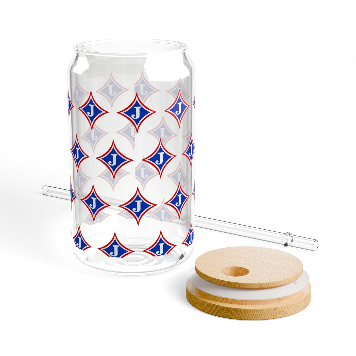 Jefferson J Diamond Sipper Glass — 16oz Reusable Tumbler with Bamboo Lid