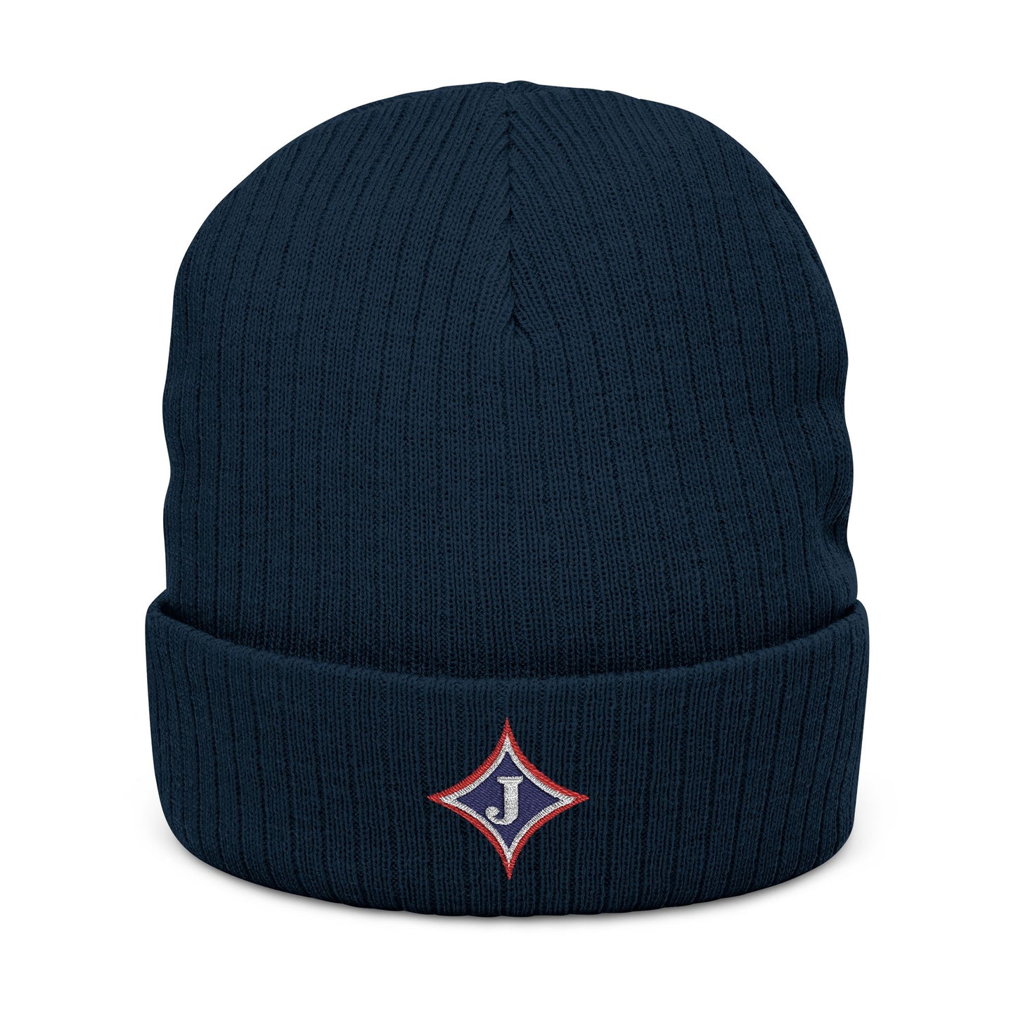 Jefferson J Diamond Embroidered Ribbed Beanie